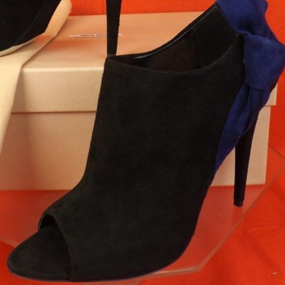 BLACK SUEDE PEEP TOE ANKLE BOOTS, By MIU MIU PRADA